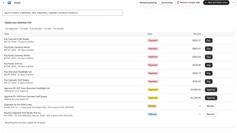 Wharfly Home screen showing reorder and shipment summaries with sample data